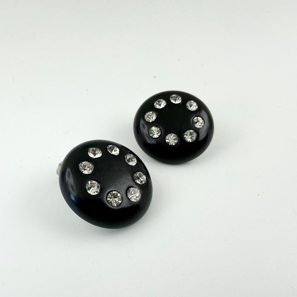 Vintage Black Bakelite Rhinestone Earrings, Art Deco Button Clips, Mid Century - Picture 4 of 4